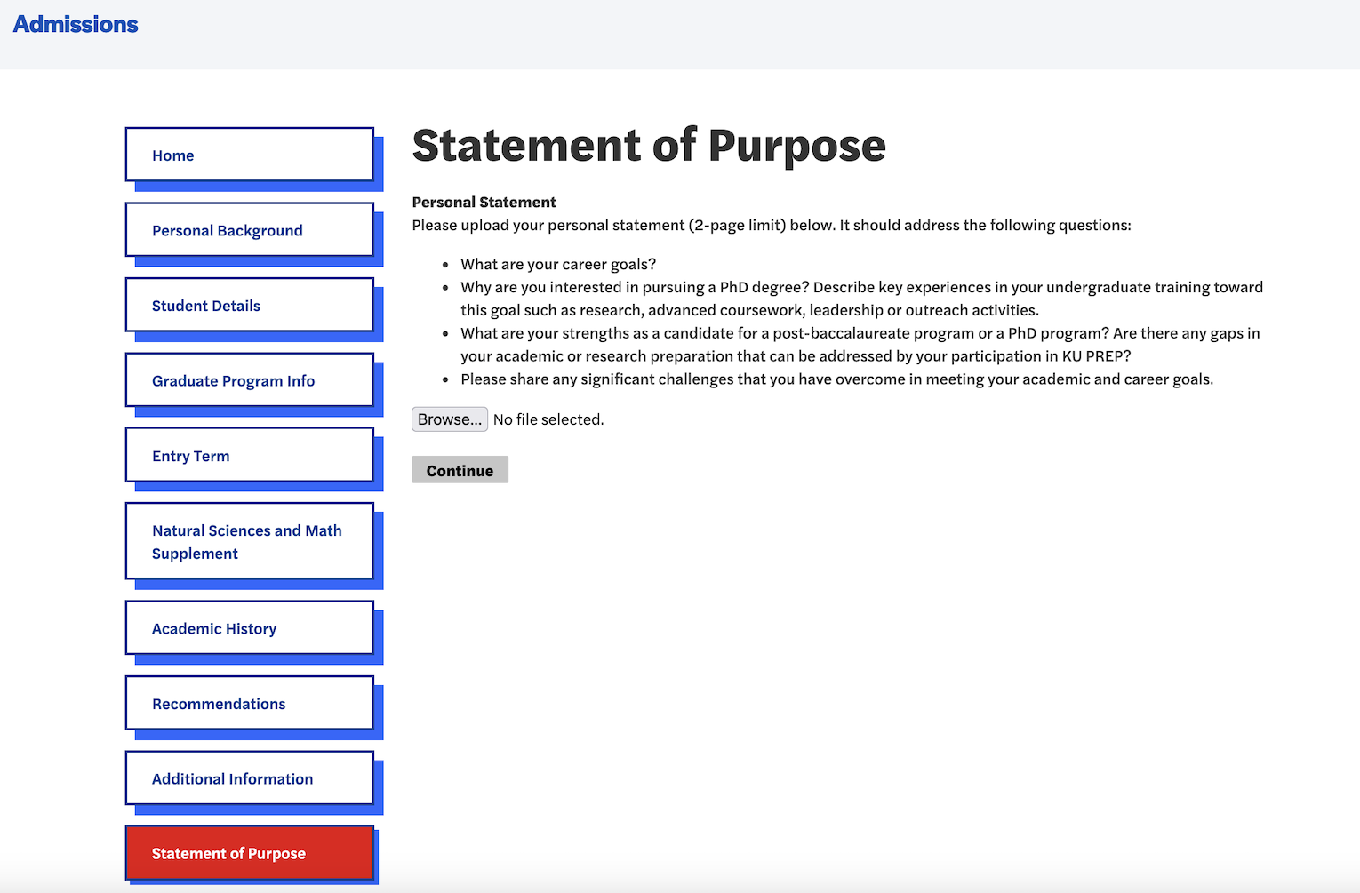 application portal page showing the statement of purpose section